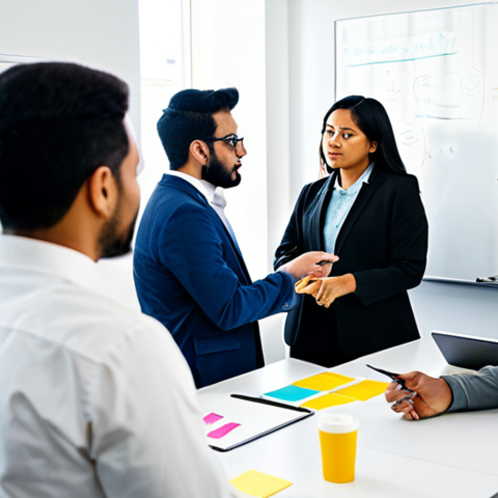 A diverse team of professional individuals, including men and women of various ethnicities, fully clothed in modest business attire, gathered around a large whiteboard in a bright, modern, collaborative office space. They are actively engaged in a design thinking brainstorming session, using colorful sticky notes and markers to visualize ideas and user insights. Some are gesturing, others are listening intently, all demonstrating focused collaboration. The room is filled with natural light, reflecting an atmosphere of innovation and creativity, emphasizing teamwork and problem-solving through empathy. perfect anatomy, correct proportions, natural poses, well-formed hands, proper finger count, natural body proportions, safe for work, appropriate content, fully clothed, professional.