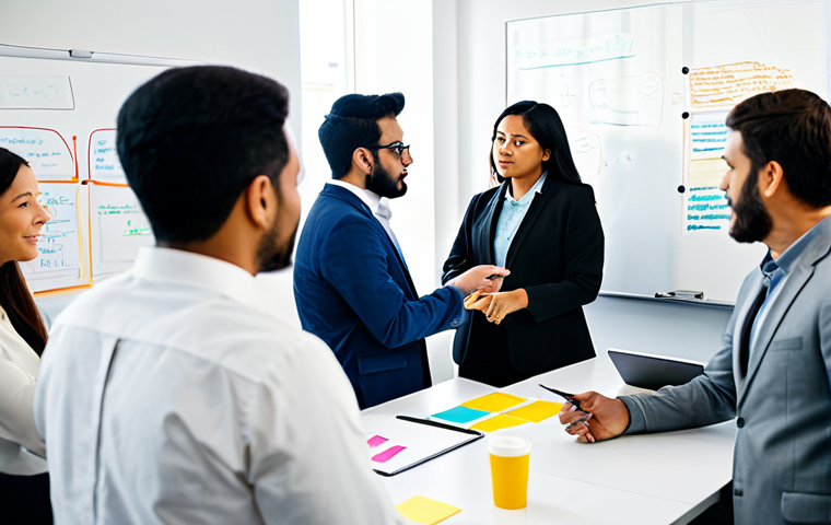 A diverse team of professional individuals, including men and women of various ethnicities, fully clothed in modest business attire, gathered around a large whiteboard in a bright, modern, collaborative office space. They are actively engaged in a design thinking brainstorming session, using colorful sticky notes and markers to visualize ideas and user insights. Some are gesturing, others are listening intently, all demonstrating focused collaboration. The room is filled with natural light, reflecting an atmosphere of innovation and creativity, emphasizing teamwork and problem-solving through empathy. perfect anatomy, correct proportions, natural poses, well-formed hands, proper finger count, natural body proportions, safe for work, appropriate content, fully clothed, professional.
